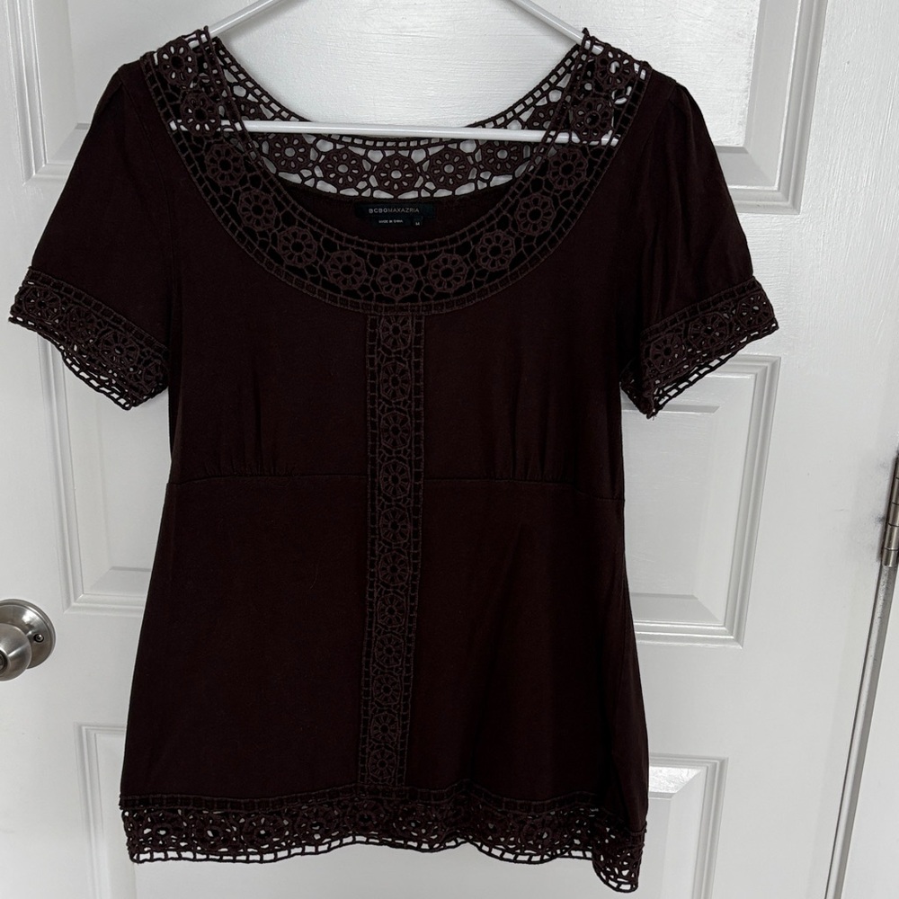 Brown Crochet Trimmed Top